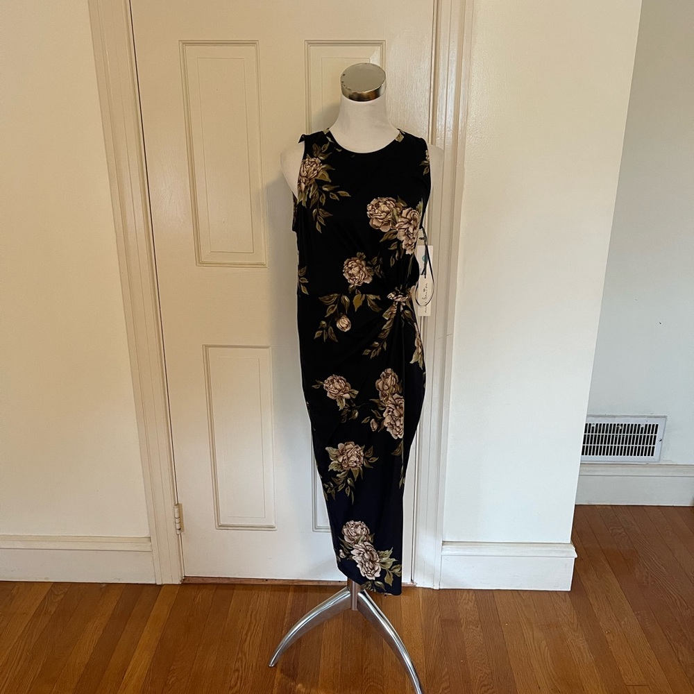 New Nine Britton Abigail Brushed Knit Midi Dress Navy Large Flowers